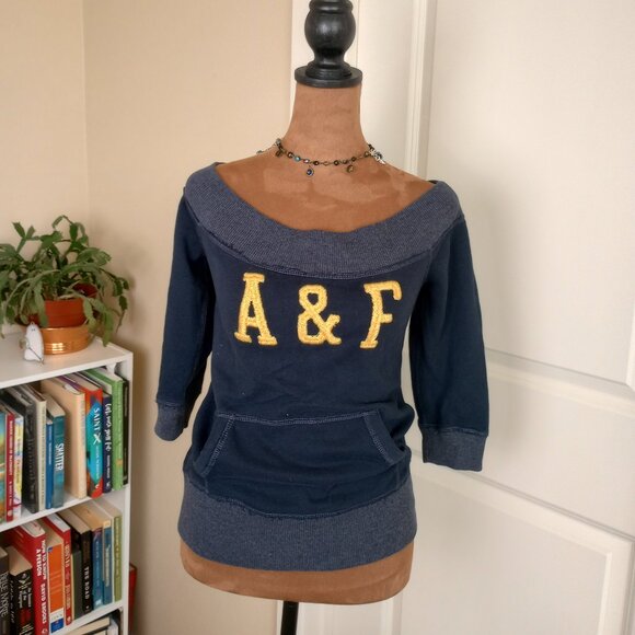 Y2K Abercrombie & Fitch Navy Blue Preppy Logo Sweatshirt Off Shoulder Pullover L - Picture 1 of 6
